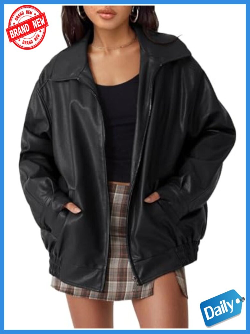 Oversized Faux Leather Motorcycle Jacket Women Zip Up Bomber Coat
